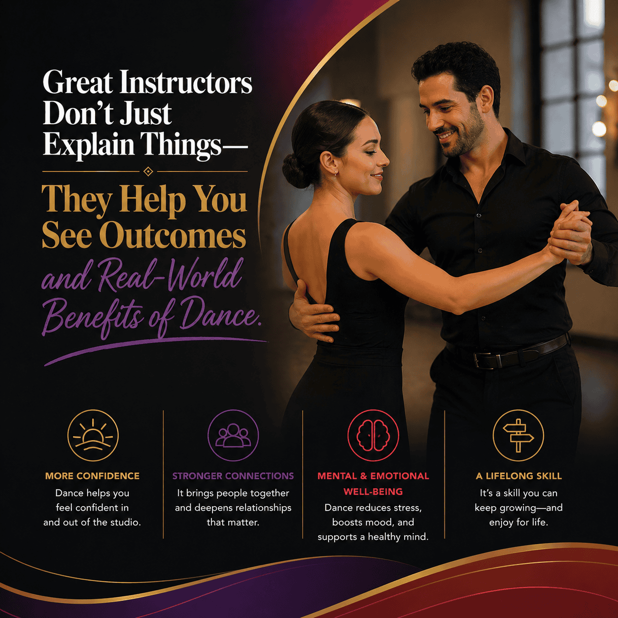 how to find a good dance instructor shown through couple dancing confidently highlighting real world benefits of dance lessons