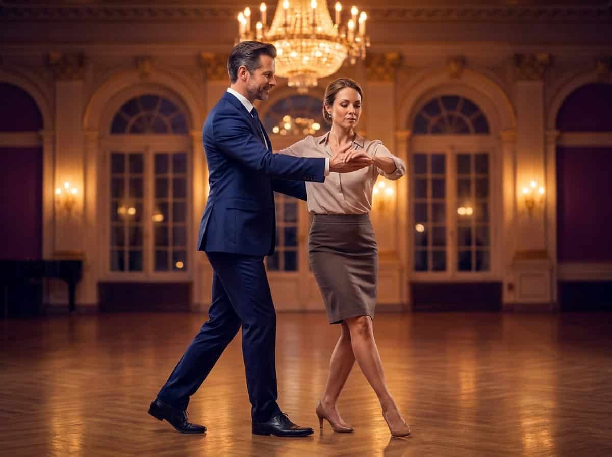 Personal growth through ballroom dancing begins with feedback — instructor guiding an adult student through a step
