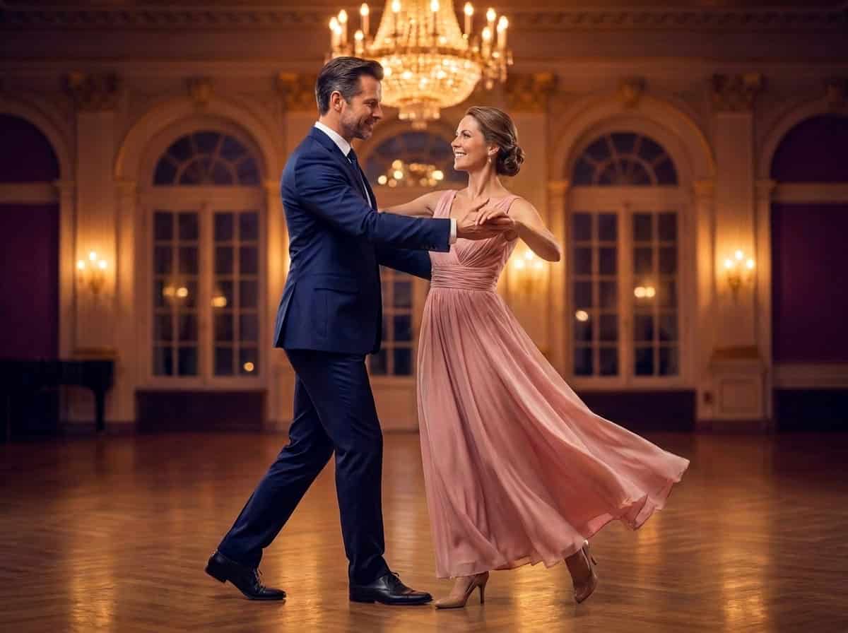 Personal growth through ballroom dancing compounds over time — confident adult couple dancing smoothly together