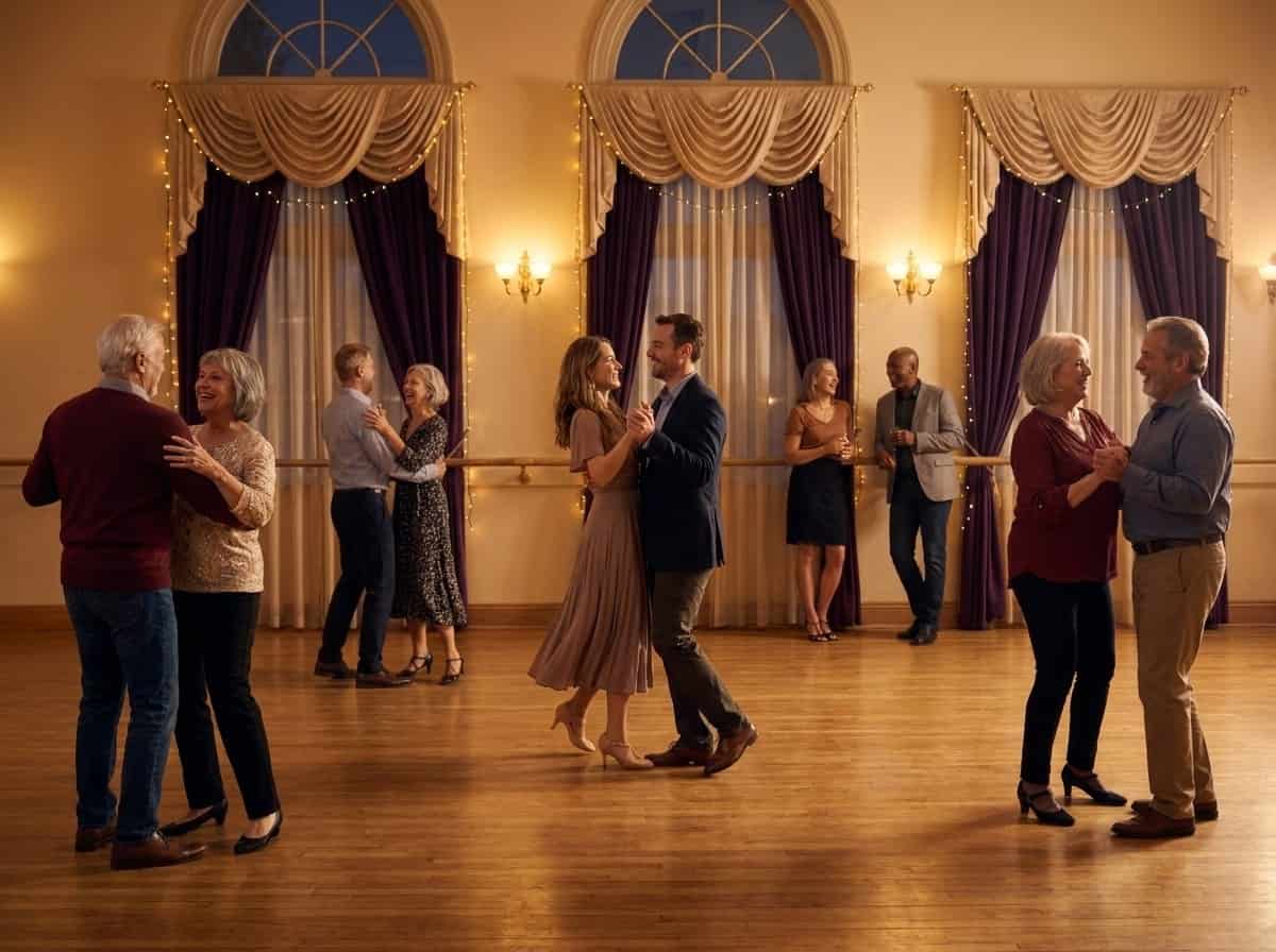 Adults of all ages dancing and talking together at a ballroom studio social — human connection on the dance floor