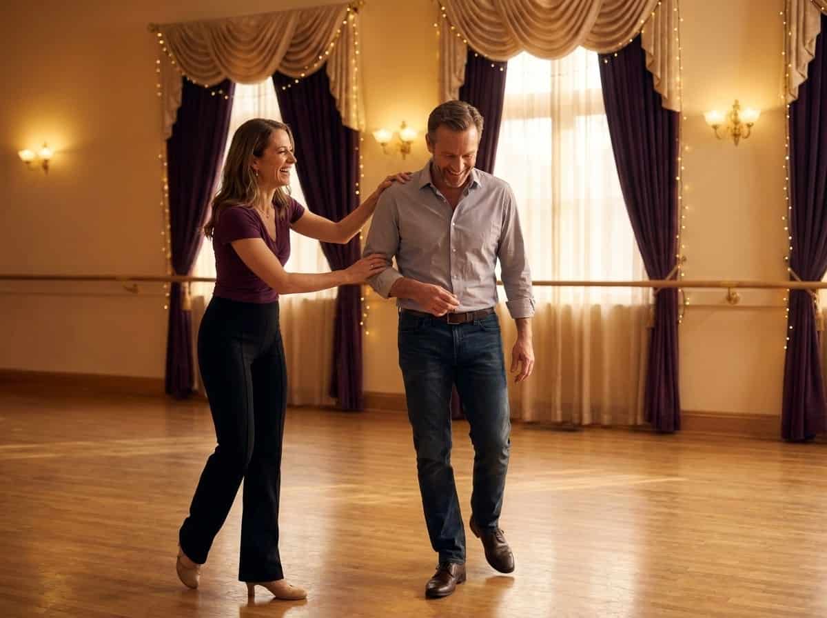 Dance instructor laughing with and encouraging an adult beginner during a ballroom dance lesson
